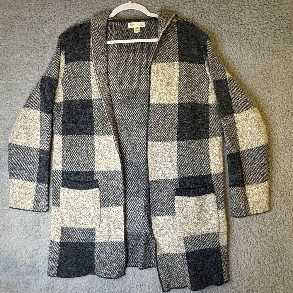 Faith And Joy Plaid Gray Beige Hooded Pockets Cardigan Sweater Petite Large